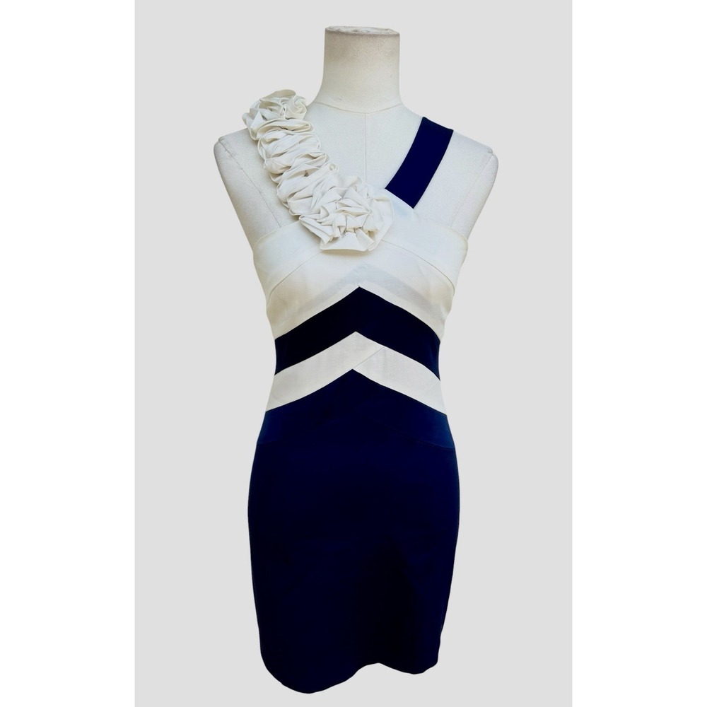 C Luce Navy White Colorblock One Shoulder Rosette Sheath Dress Womens S LD5744E